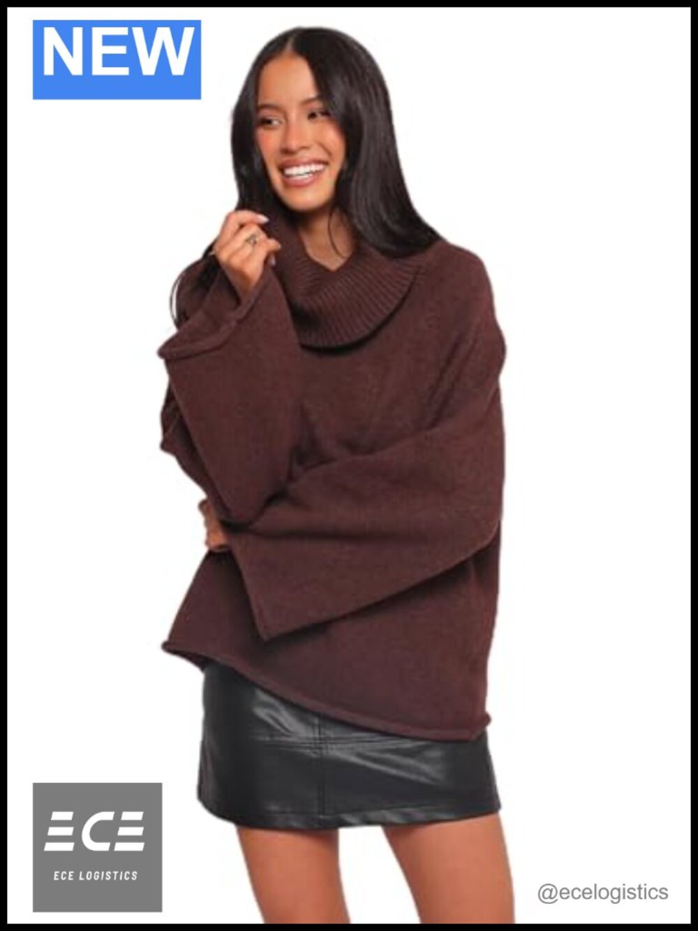 Oversized Cowlneck Knit Sweater with Bell Sleeves and Rolled Hem